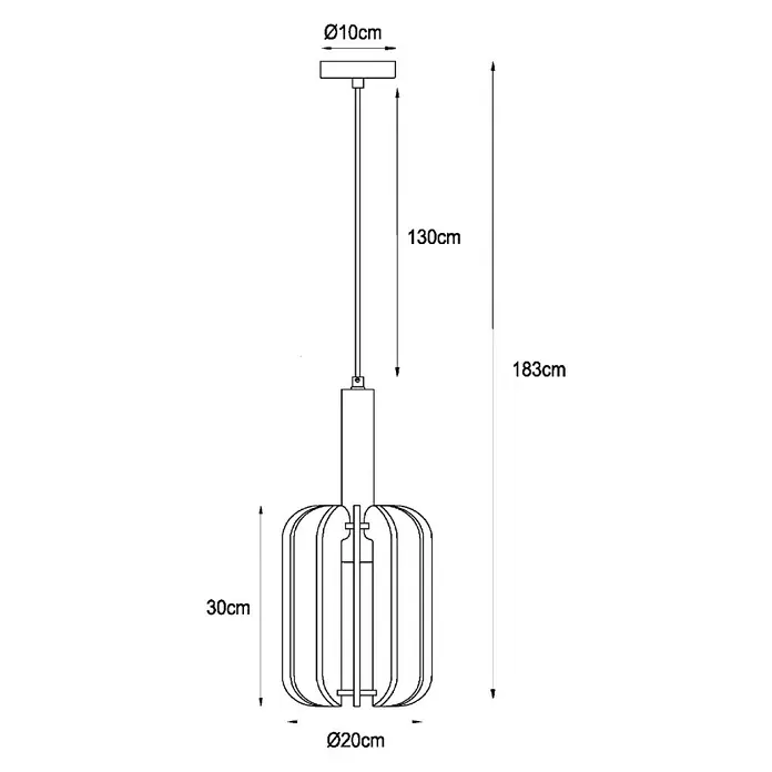 Lucide Rafal Pendelleuchte - 40 W, L x B x H: 27 x 10 x 183 cm, Grau, E27, Anzahl Leuchtmittel: 1 Stk. - Skizze einer modernen Pendelleuchte mit einem Durchmesser von 20 cm und einer Höhe von 30 cm. Die Gesamthöhe der Lampe beträgt 183 cm.