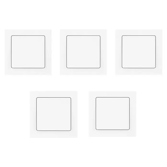 Luceco Oxford Conmutador - Blanco, Mate, Montaje en la pared, 10 A, 5 ud. - Primer plano de cinco interruptores Berker blancos cuadrados con esquinas redondeadas dispuestos sobre una superficie blanca.