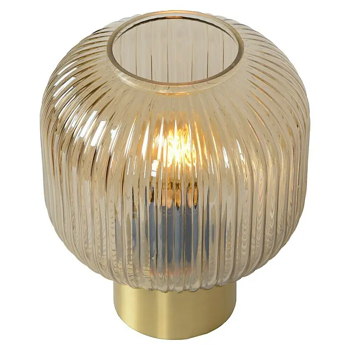 Lucide Maloto Tischleuchte - 40 W, L x B x H: 25 x 25 x 30 cm, Bernstein, E27 - Elegante Tischleuchte mit geriffeltem, bernsteinfarbenem Glasschirm und goldfarbenem Sockel, die warmes Licht für eine gemütliche Atmosphäre spendet.