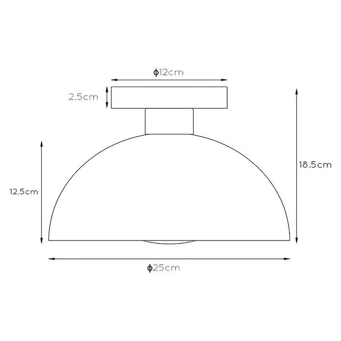 Lucide Siemon Deckenleuchte rund - 40 W, Ø x H: 25 x 18,5 cm, Schwarz/ Gold, E27 - Technische Zeichnung einer Deckenleuchte mit Maßen. Die Lampe hat einen Durchmesser von 25cm und eine Höhe von 18,5cm.