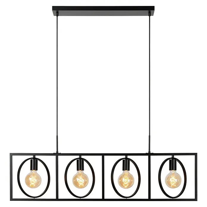 Lucide Pendelleuchte - 40 W, L x B x H: 107,8 x 28 x 9,5 cm, Schwarz, E27 - Eine elegante Hängeleuchte mit vier Edison-Glühbirnen in einem modernen, rechteckigen Rahmen, perfekt für Esszimmer oder Wohnbereiche.