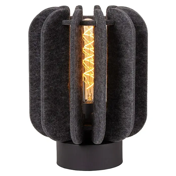 Lucide Rafal Deko-Tischleuchte - 40 W, L x B x H: 10 x 17 x 31 cm, Grau, E27 - Eine stilvolle Lampe mit einem modernen Design, bestehend aus grauen Filzelementen und einer warmen Glühbirne, die ein gemütliches Licht erzeugt.