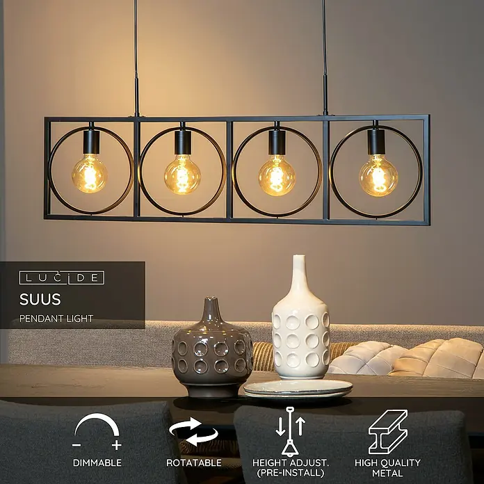 Lucide Pendelleuchte - 40 W, L x B x H: 107,8 x 28 x 9,5 cm, Schwarz, E27 - Die moderne Lucide SUUS Pendelleuchte in Schwarz ist höhenverstellbar, dimmbar und aus hochwertigem Metall gefertigt. Perfekt für Esszimmer!