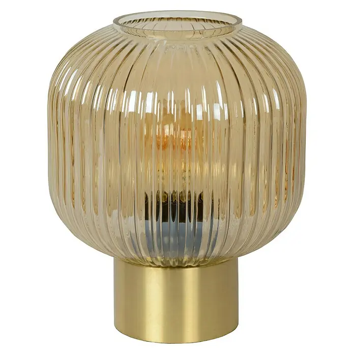 Lucide Maloto Tischleuchte - 40 W, L x B x H: 25 x 25 x 30 cm, Bernstein, E27 - Elegante Tischleuchte mit geripptem Glasschirm und goldenem Sockel. Schafft eine warme Atmosphäre.