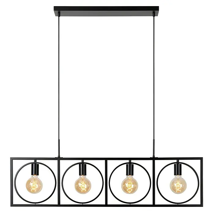 Lucide Pendelleuchte - 40 W, L x B x H: 107,8 x 28 x 9,5 cm, Schwarz, E27 - Moderne Pendelleuchte mit vier Edison-Glühbirnen in einem schwarzen Metallrahmen. Perfekt für stilvolle Beleuchtung über Esstischen.