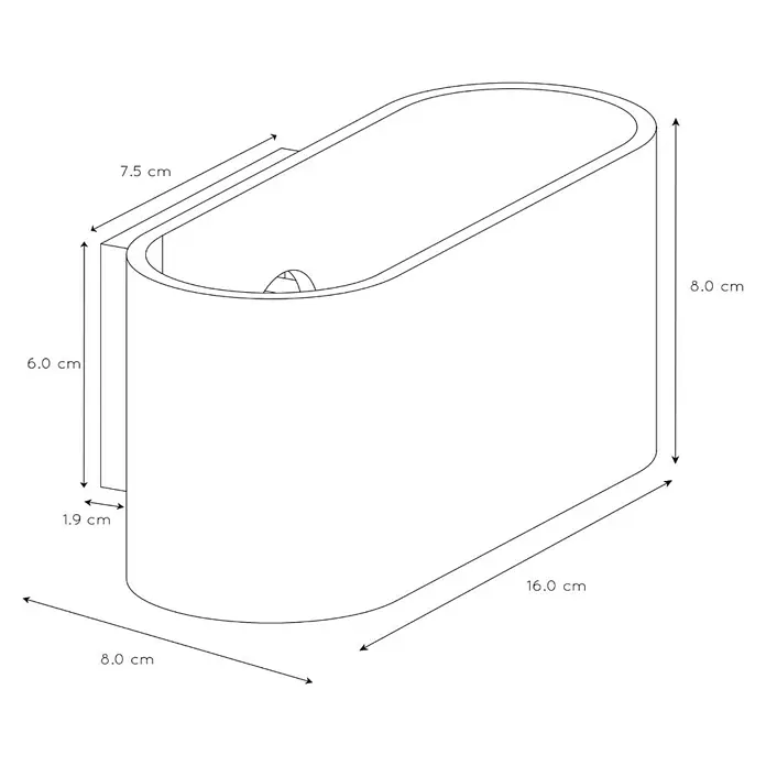 Lucide Wandleuchte Xera - 42 W, L x B x H: 17 x 9 x 9 cm, Weiß, G9 - Schemazeichnung einer rechteckigen Seifenschale mit abgerundeten Kanten und den Maßen 16 x 8 x 8 cm für das Badezimmer.