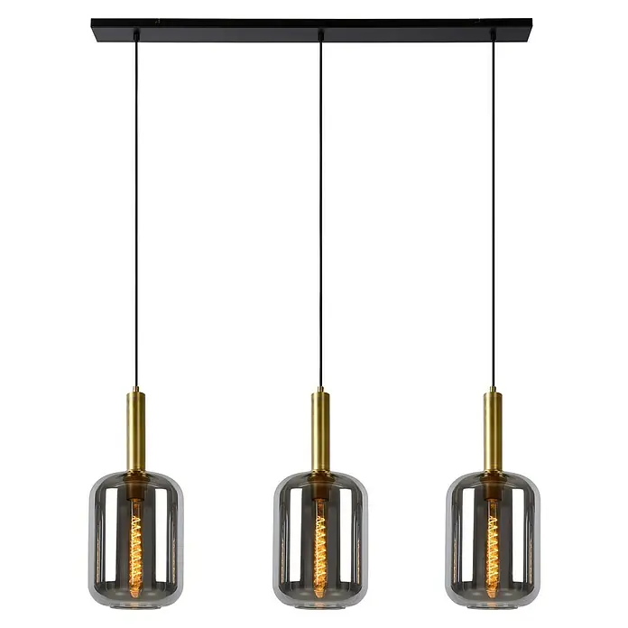 Lucide Pendelleuchte Joanet - 40 W, L x B x H: 110 x 22 x 150 cm, Rauchfarben, E27, Anzahl Leuchtmittel: 3 Stk. - Elegante Pendelleuchte mit drei rauchfarbenen Glaslampen und goldfarbenen Akzenten, ideal für moderne Essbereiche oder Kücheninseln.