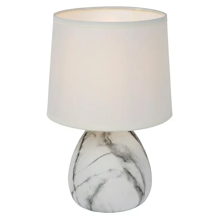 Lucide Deko-Tischleuchte Marmo - 40 W, Weiß, E14, Ø x H: 16 x 19 cm - Elegante Tischlampe mit Marmorfuß und Stoffschirm. Perfekt für Nachttisch oder Wohnzimmer, spendet warmes, gemütliches Licht.