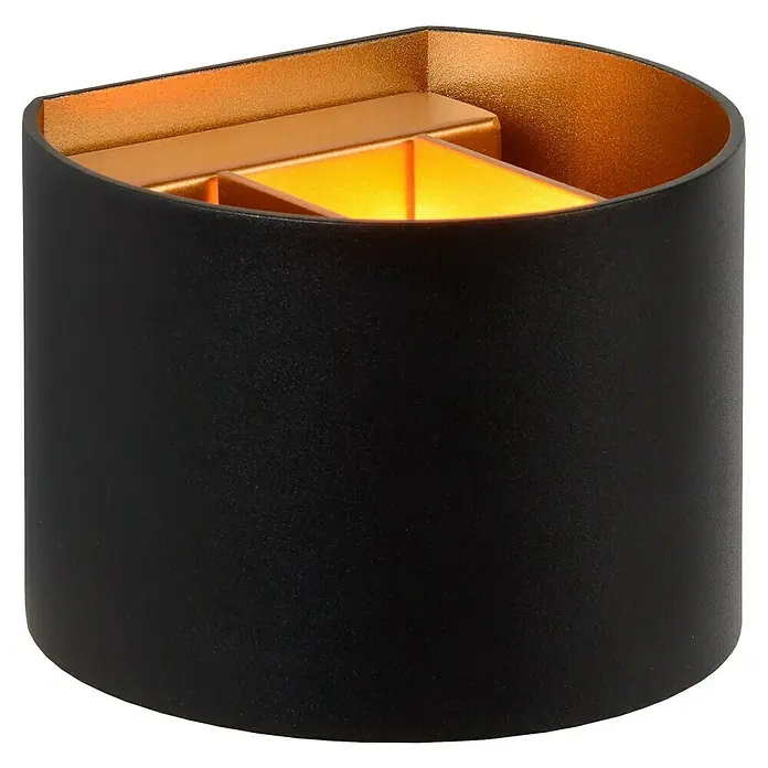 Lucide LED-Wandleuchte Xio - 3,5 W, L x B x H: 14 x 12 x 10,5 cm, Schwarz - Nahaufnahme einer stilvollen schwarzen Zylinderwandleuchte mit goldener Innenseite, die elegantes Lichtdesign zeigt.