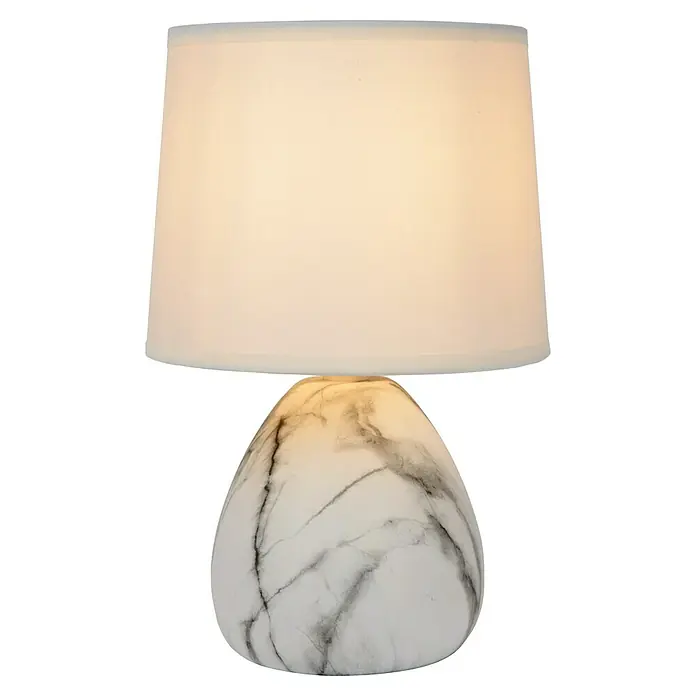 Lucide Deko-Tischleuchte Marmo - 40 W, Weiß, E14, Ø x H: 16 x 19 cm - Elegante Marmor-Tischleuchte mit einem sanften, cremefarbenen Lampenschirm, die eine warme und einladende Atmosphäre schafft.