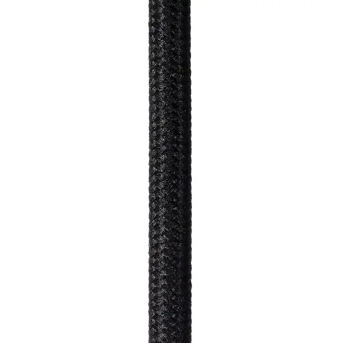 Lucide Rafal Pendelleuchte - 40 W, L x B x H: 30 x 30 x 183 cm, Grau, E27, Anzahl Leuchtmittel: 3 Stk. - Nahaufnahme eines schwarzen, textilummantelten Elektrokabels. Die Textilummantelung verleiht dem Kabel ein hochwertiges Aussehen.