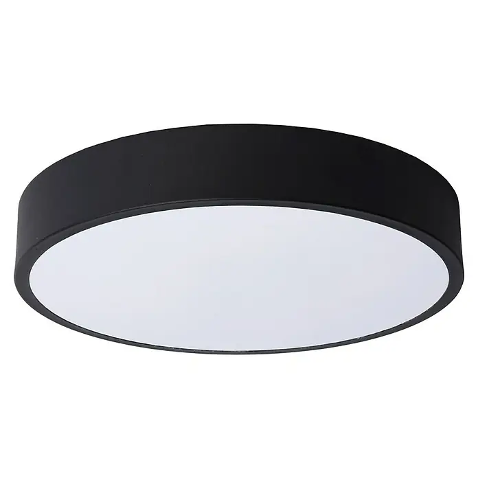 Lucide LED-Deckenleuchte rund Unar - 18 W, Ø x H: 30 x 5 cm, Schwarz, Warmweiß - Eine moderne, schwarze LED-Deckenleuchte mit einer runden, diffusen Lichtfläche, die ein gleichmäßiges und helles Licht spendet.