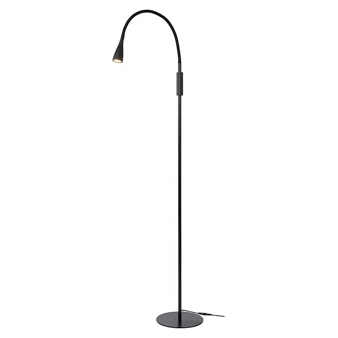 Lucide Zozy LED-Stehleuchte - 4 W, Höhe: 145 cm, Schwarz, Neutralweiß - Elegante schwarze Stehlampe mit gebogenem Hals und verstellbarem Lichtkopf, perfekt für moderne Wohnräume.\n