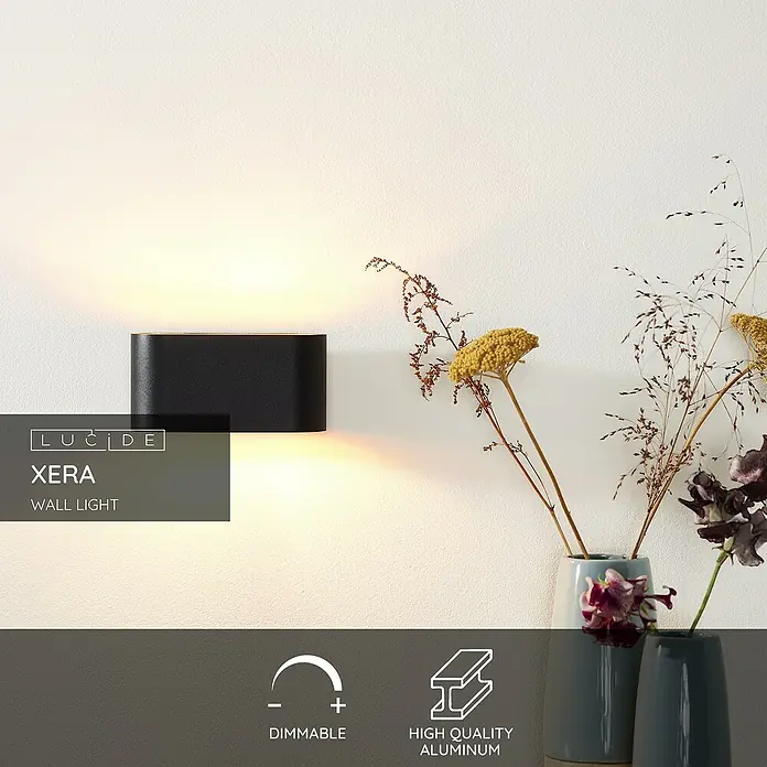 Lucide Wandleuchte Xera - 42 W, L x B x H: 17 x 9 x 9 cm, Schwarz, G9 - Produktbild einer Lucide Xera Wandleuchte aus hochwertigem Aluminium, dimmbar und mit angenehmem Lichteffekt.