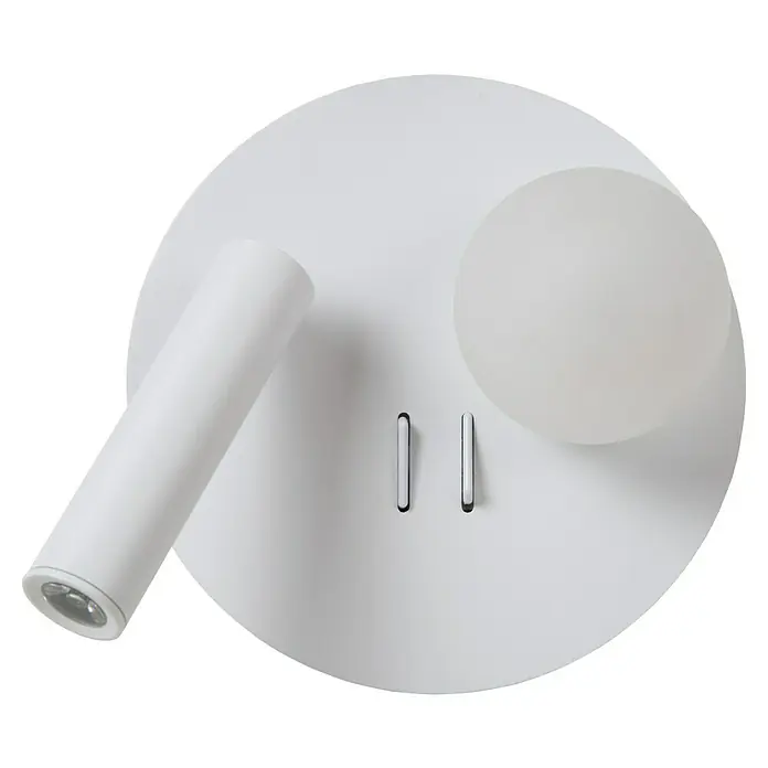 Lucide LED-Wandleuchte rund Matiz - 3,5 W, Ø x H: 16,5 x 19 cm, Weiß, Neutralweiß - Nahaufnahme einer modernen, weißen Wandleuchte mit einem zylindrischen Spot und einer runden, diffusen Lichtquelle. Elegantes Design für modernes Ambiente.