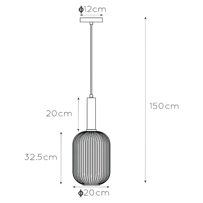 Lucide Maloto Pendelleuchte - 40 W, L x B x H: 150 x 20 x 150 cm, Bernstein/ Gold, E27 - Technische Zeichnung einer Pendelleuchte mit Maßen: Durchmesser oben 12 cm, Lampenschirm 20 cm, Höhe Lampenschirm 32,5 cm und Gesamthöhe 150 cm.