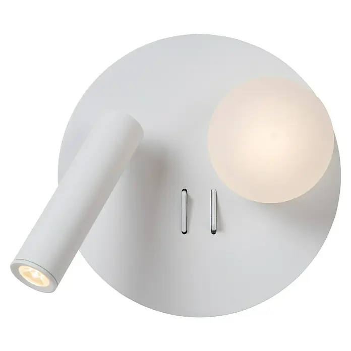 Lucide LED-Wandleuchte rund Matiz - 3,5 W, Ø x H: 16,5 x 19 cm, Weiß, Neutralweiß - Nahaufnahme einer weißen Wandleuchte mit Spot und runder Lampe für eine moderne und elegante Beleuchtung im Raum.
