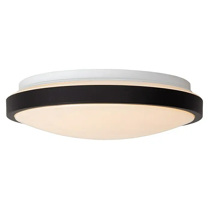 Lucide LED-Deckenleuchte rund Dasher - 12 W, Ø x H: 31,5 x 9 cm, Schwarz, Warmweiß - Nahaufnahme einer runden, weißen Deckenleuchte mit schwarzem Akzentring und sanfter, warmer Beleuchtung.