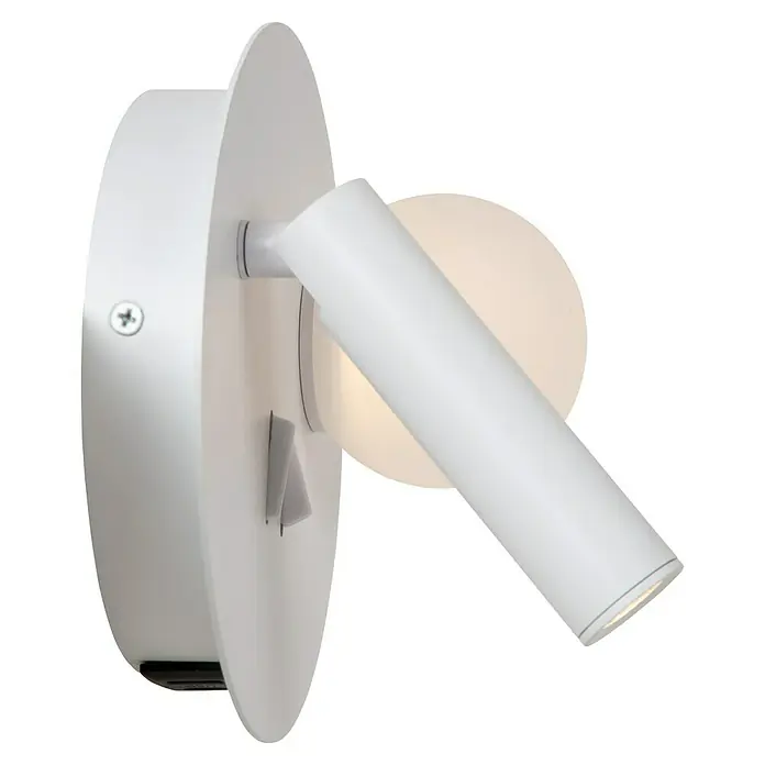 Lucide LED-Wandleuchte rund Matiz - 3,5 W, Ø x H: 16,5 x 19 cm, Weiß, Neutralweiß - Nahaufnahme einer modernen, weißen Wandleuchte mit schwenkbarem Spot, ideal für Akzentbeleuchtung und stilvolles Ambiente.
