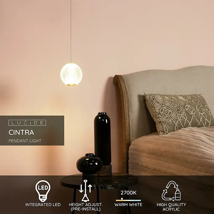 Lucide Cintra LED-Pendelleuchte rund - 5,7 W, L x B x H: 150 x 14 x 14 cm, Kristall, Anzahl Leuchtmittel: 1 Stk. - Nahaufnahme der Lucide Cintra Pendelleuchte mit integrierter LED, höhenverstellbar, warmweißem Licht und hochwertigem Acryl.