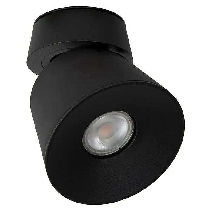 Lucide Deckenstrahler Trigono - 40 W, L x B x H: 11 x 11 x 11 cm, Schwarz, GU10, Anzahl Leuchtmittel: 1 Stk. - Nahaufnahme einer schwarzen Deckenleuchte mit verstellbarem Kopf, ideal für zielgerichtete Beleuchtung in modernem Interieur.\n
