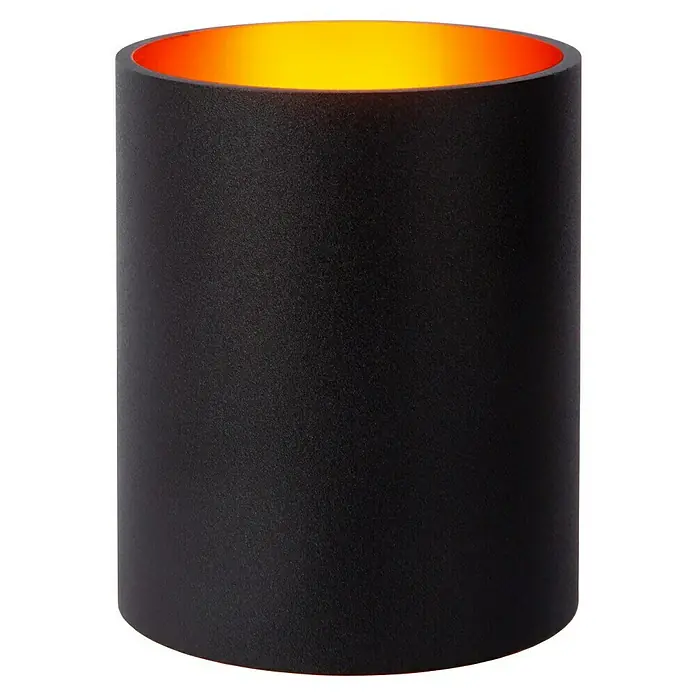 Lucide Wandleuchte Xera - 42 W, L x B x H: 11 x 9 x 11,5 cm, Schwarz, G9 - Schwarze zylindrische Leuchte mit goldener Innenseite, die ein warmes Licht ausstrahlt. Elegantes Design für moderne Innenräume.