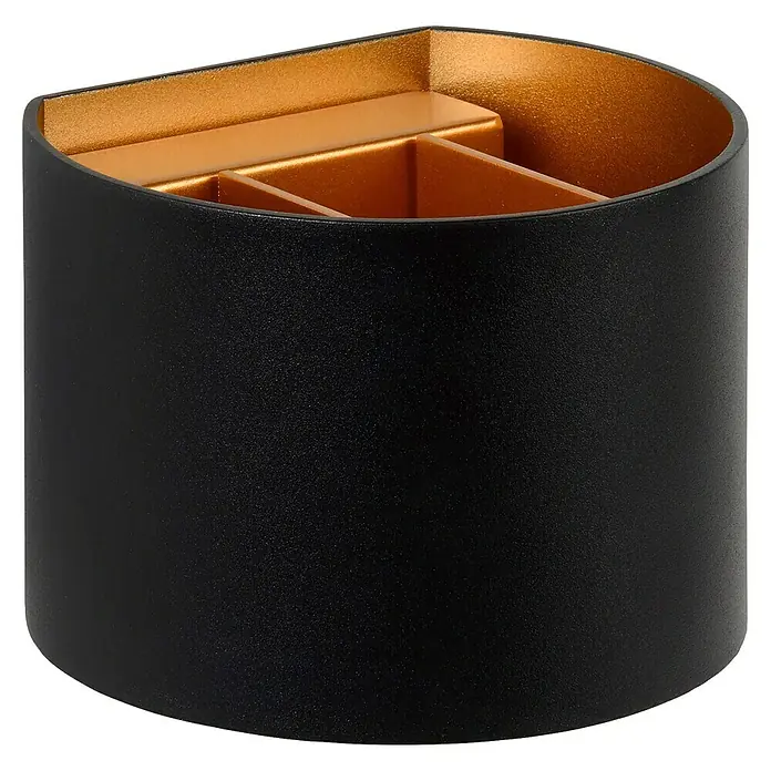 Lucide LED-Wandleuchte Xio - 3,5 W, L x B x H: 14 x 12 x 10,5 cm, Schwarz - Eleganter, schwarzer Schreibtisch-Organizer mit goldfarbenen Fächern. Ideal für Bürobedarf, stilvoll und funktional.