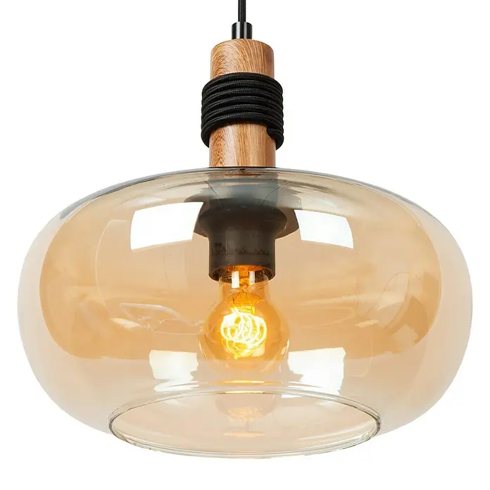 Lucide Ilona Pendelleuchte - 40 W, L x B x H: 12 x 12 x 162 cm, Amber, E27 - Nahaufnahme einer stilvollen Pendelleuchte mit einem bernsteinfarbenen Glasschirm und einem dekorativen Holzelement.