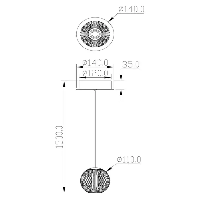 Lucide Cintra LED-Pendelleuchte rund - 5,7 W, L x B x H: 150 x 14 x 14 cm, Kristall, Anzahl Leuchtmittel: 1 Stk. - Technische Zeichnung einer Pendelleuchte mit dekorativem Lampenschirm und Maßen.\n
