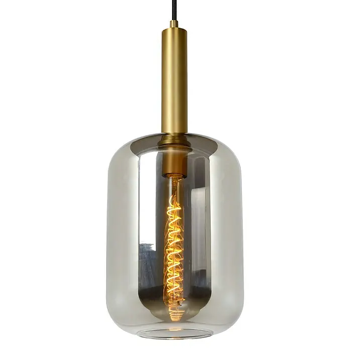 Lucide Pendelleuchte Joanet - 40 W, L x B x H: 32,5 x 32,5 x 150 cm, Rauchfarben, E27, Anzahl Leuchtmittel: 1 Stk. - Moderne Pendelleuchte mit goldenem Detail und getöntem Glas, die ein warmes Licht ausstrahlt.