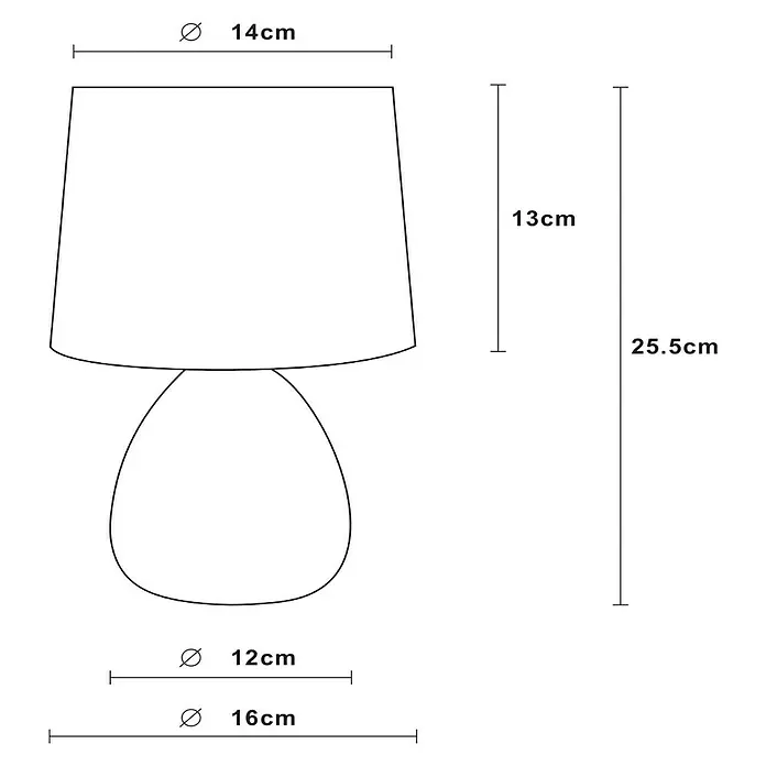 Lucide Deko-Tischleuchte Marmo - 40 W, Weiß, E14, Ø x H: 16 x 19 cm - Schematische Darstellung einer Nachttischlampe mit den Maßen 14 x 13 cm für den Lampenschirm und 16 x 25,5 cm für den Lampenfuß.