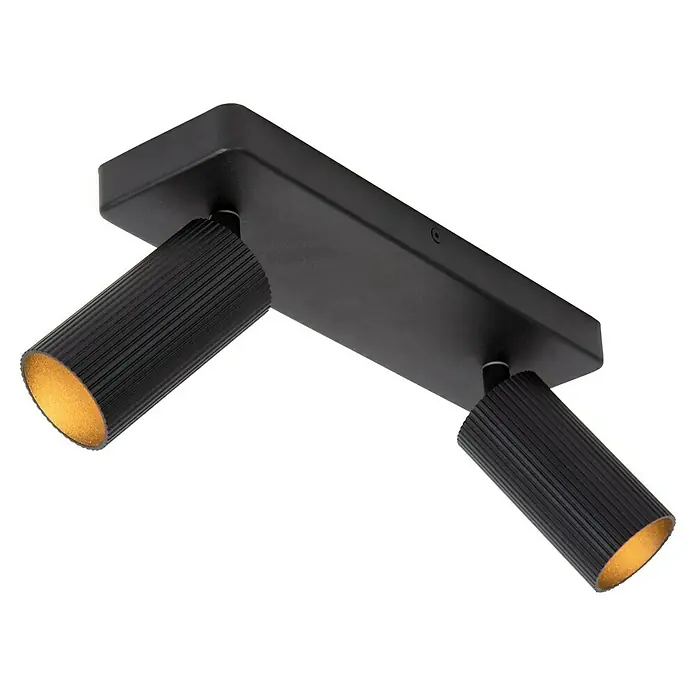 Lucide Clubs Deckenstrahler - 40 W, L x B x H: 35,5 x 12 x 11,5 cm, Schwarz, GU10, Anzahl Leuchtmittel: 2 Stk. - Deckenleuchte mit zwei Strahlern. Die Lampe ist schwarz und hat eine geriffelte Oberfläche.