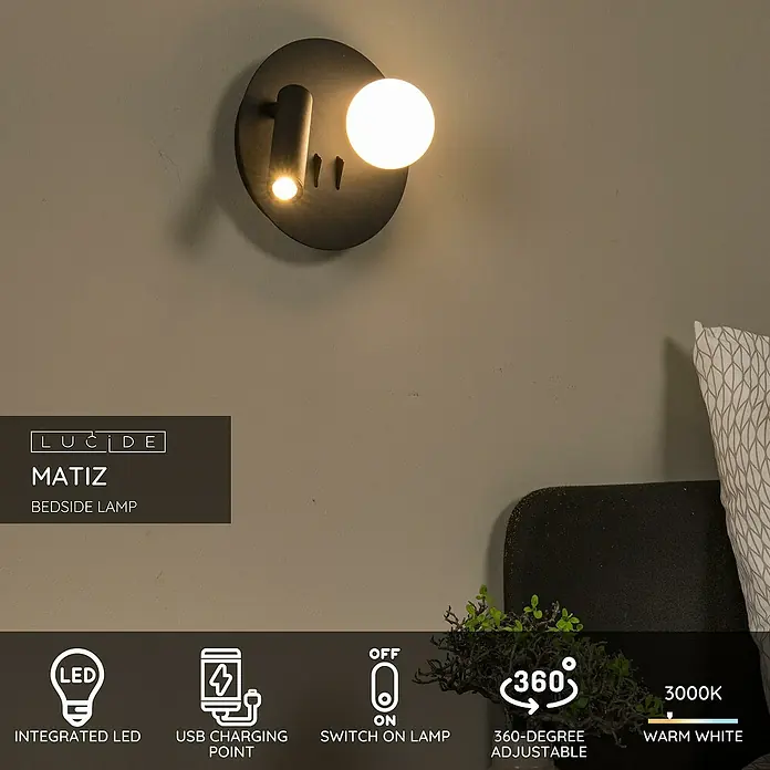 Lucide LED-Wandleuchte rund Matiz - 3,5 W, Ø x H: 16,5 x 19 cm, Schwarz, Neutralweiß - Die moderne MATIZ Nachttischlampe von LUCIDE mit LED, USB-Ladefunktion und warmweissem Licht sorgt für eine stimmungsvolle Beleuchtung im Schlafzimmer.