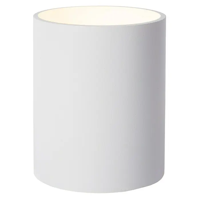 Lucide Wandleuchte Xera - 42 W, L x B x H: 11 x 9 x 11,5 cm, Weiß, G9 - Nahaufnahme einer weißen, zylindrischen Lampe, die ein warmes, einladendes Licht ausstrahlt.  Schlichtes Design, das moderne Eleganz verkörpert.