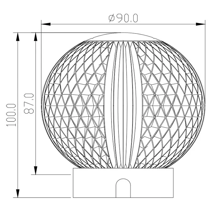 Lucide Cintra Tischleuchte rund - 1,5 W, Ø x H: 9 x 10 cm, Kristall - Technische Zeichnung einer dekorativen Kugel-Leuchte mit den Maßen 100mm Höhe und 90mm Durchmesser für präzise Designinformationen.