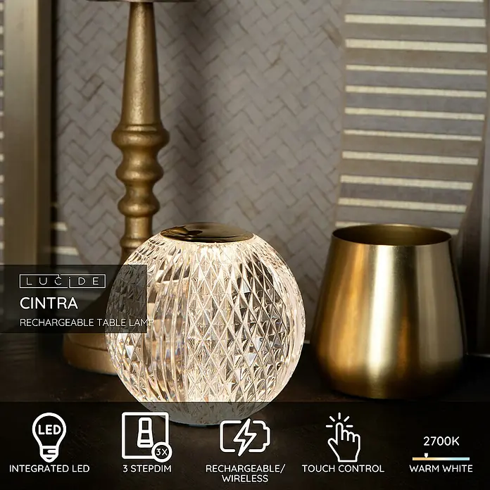 Lucide Cintra Tischleuchte rund - 1,5 W, Ø x H: 9 x 10 cm, Kristall - Nahaufnahme der kabellosen Lucide Cintra Tischleuchte mit LED, Touch-Steuerung und warmweissem Licht für stimmungsvolle Beleuchtung.