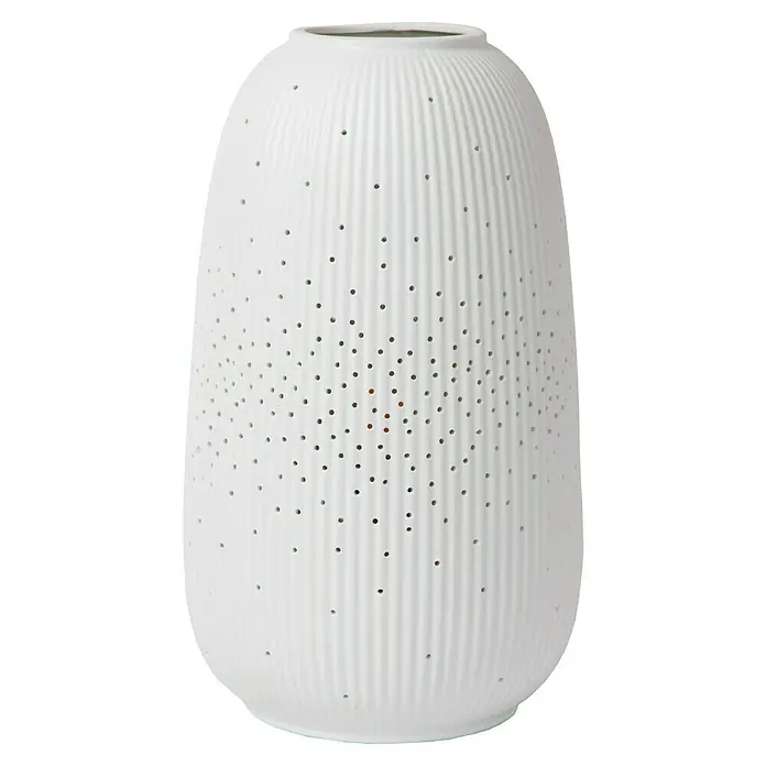 Lucide Deko-Tischleuchte - 25 W, L x B x H: 19 x 14,1 x 24,1 cm, Weiß, E14 - Weiße Vase mit vertikalen Rillen und dekorativen Löchern. Stilvolles Wohnaccessoire für Blumen oder als Dekoobjekt.