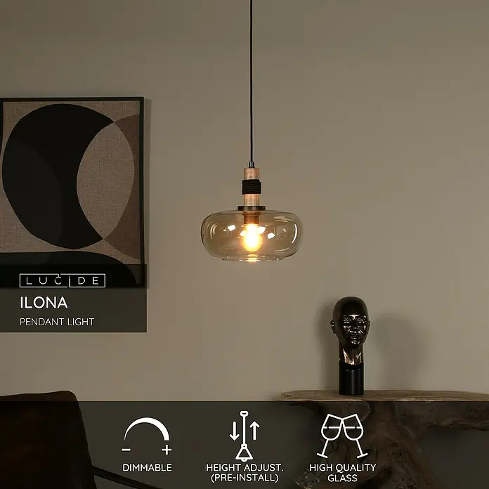 Lucide Ilona Pendelleuchte - 40 W, L x B x H: 12 x 12 x 162 cm, Amber, E27 - Nahaufnahme der Lucide Ilona Pendelleuchte mit Dimmfunktion, Höhenverstellung und hochwertigem Glas.
