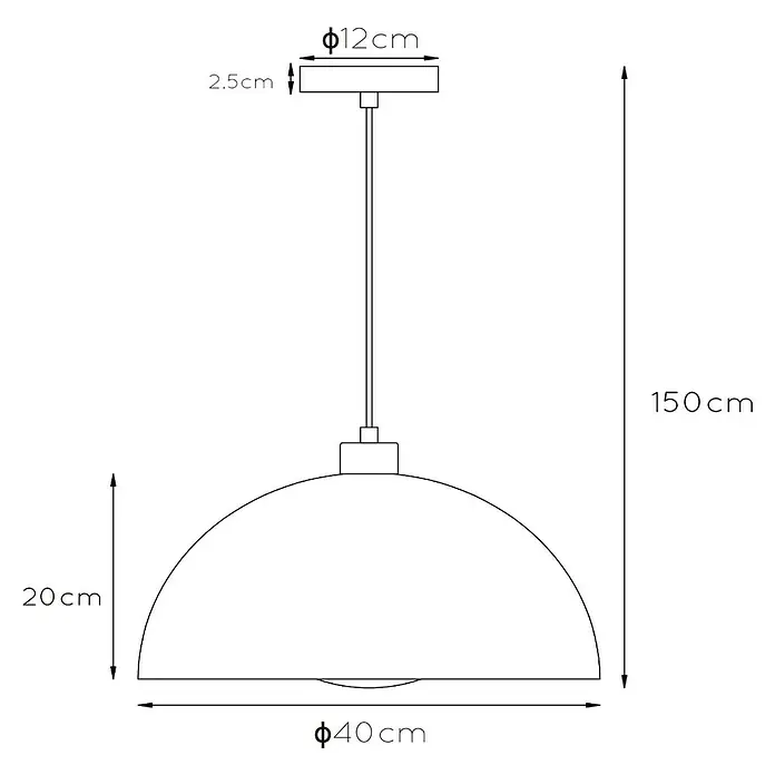 Lucide Siemon Pendelleuchte rund - 40 W, Ø x H: 40 x 150 cm, Schwarz/ Gold, E27 - Eine Darstellung einer Pendelleuchte mit den Maßen 40 cm Durchmesser und 20 cm Höhe. Gesamthöhe inklusive Aufhängung beträgt 150cm.