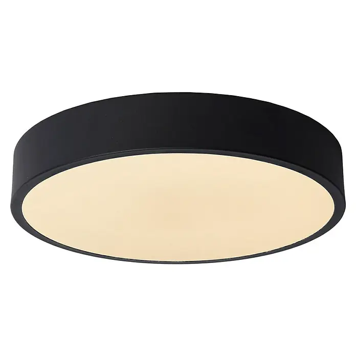 Lucide LED-Deckenleuchte rund Unar - 18 W, Ø x H: 30 x 5 cm, Schwarz, Warmweiß - Eine moderne, runde LED-Deckenleuchte mit schwarzem Rahmen und warmer Beleuchtung. Sie bietet eine effiziente und stilvolle Beleuchtungslösung.