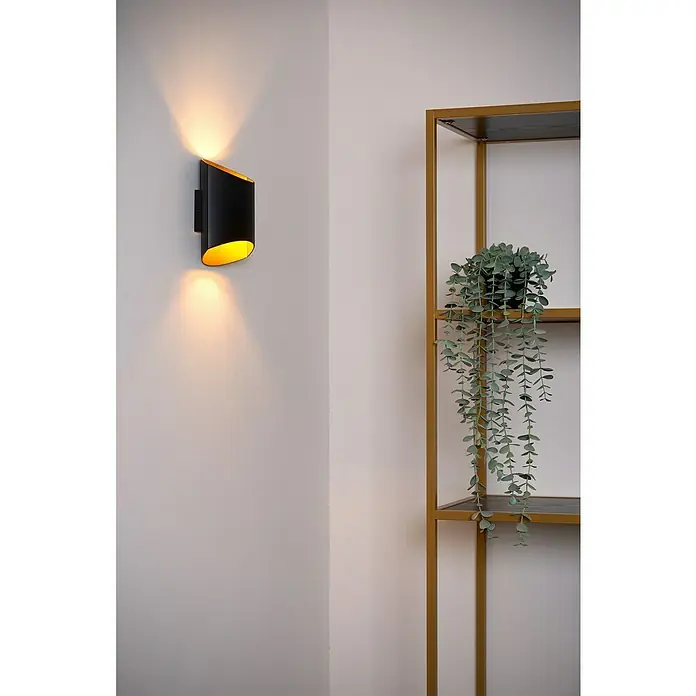 Lucide Wandleuchte Diletta - 40 W, L x B x H: 22,5 x 16 x 8,5 cm, Schwarz, G9 - Ein modernes, schwarzes Wandlicht mit goldener Innenseite strahlt warmes Licht aus, neben einem Regal mit einer hängenden Pflanze.