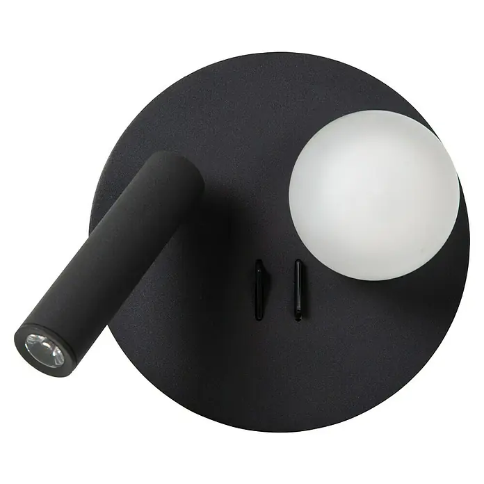 Lucide LED-Wandleuchte rund Matiz - 3,5 W, Ø x H: 16,5 x 19 cm, Schwarz, Neutralweiß - Eine moderne schwarze Wandleuchte mit einem zylindrischen Strahler und einer kugelförmigen Lampe für eine stilvolle Beleuchtung.