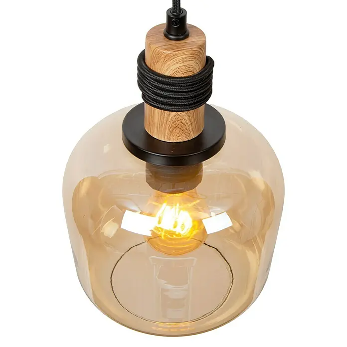 Lucide Ilona Pendelleuchte - 40 W, L x B x H: 12 x 12 x 161 cm, Amber, E27 - Attraktive Hängelampe mit bernsteinfarbenem Glasschirm und Holzelementen für eine warme und stilvolle Beleuchtung.