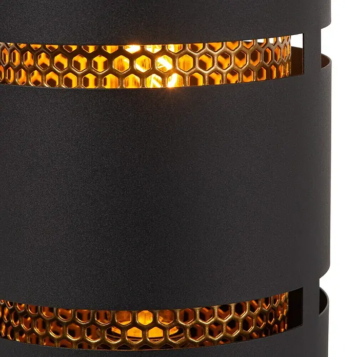 Lucide Rosas Tischleuchte rund - 40 W, Ø x H: 12 x 30 cm, Schwarz/ Gold, Schwarz, E27 - Nahaufnahme einer stilvollen schwarzen Außenleuchte mit goldenem Wabengitter und warmem Lichtschein.