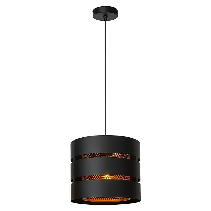 Lucide Rosas Pendelleuchte rund - 40 W, Ø x H: 26 x 152 cm, Schwarz, Schwarz/ Gold, E27 - Eine moderne, schwarze Hängeleuchte mit zylindrischem Lampenschirm und dekorativen Aussparungen für stimmungsvolle Beleuchtung.