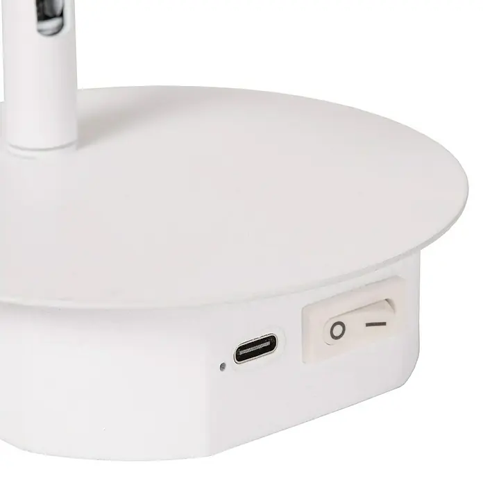 Lucide Akku-Wandleuchte Jolijn - 12 x 12 x 9 cm, Weiß, Neutralweiß, 2 W, IP20 - Detailaufnahme einer weißen Tischleuchte mit USB-Anschluss und Ein/Aus-Schalter zur Stromversorgung.