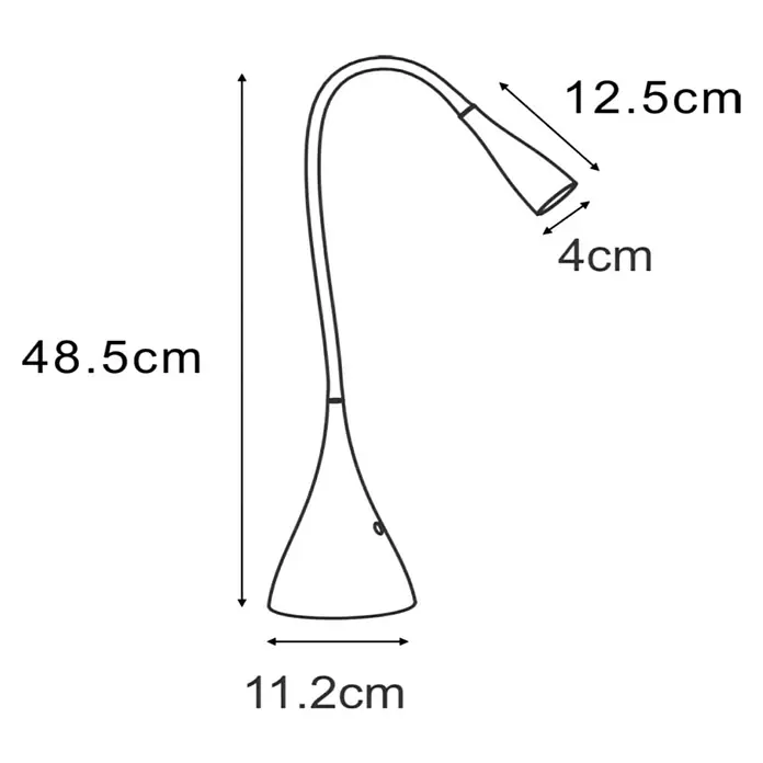 Lucide Zozy LED-Tischleuchte - 4 W, L x B x H: 11,2 x 11,2 x 48,5 cm, Schwarz, Neutralweiß - Abbildung einer stilvollen, schlanken Schreibtischlampe mit flexibel verstellbarem Hals und den dazugehörigen Größenangaben.