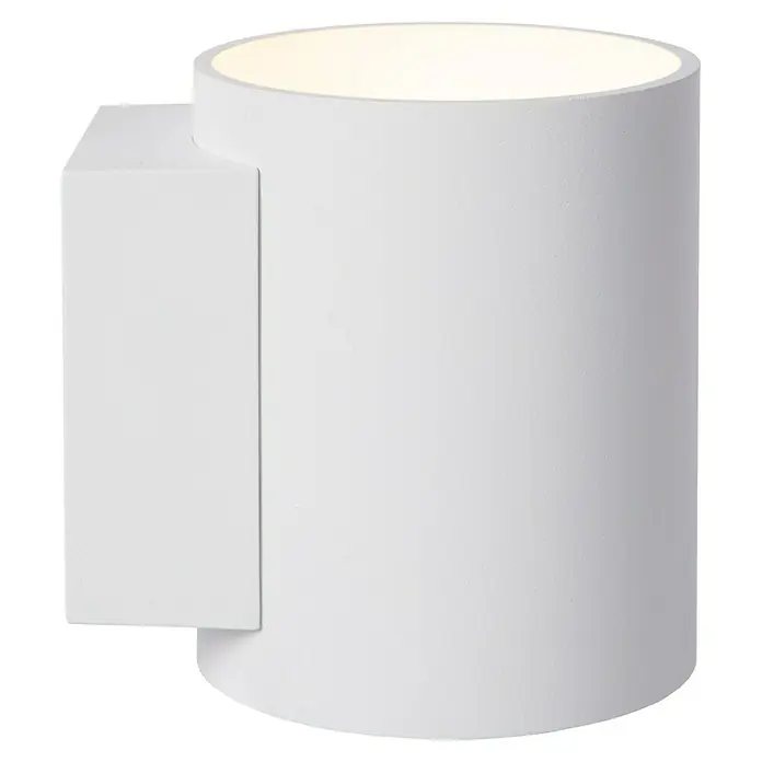 Lucide Wandleuchte Xera - 42 W, L x B x H: 11 x 9 x 11,5 cm, Weiß, G9 - Nahaufnahme einer modernen, weißen Wandleuchte mit zylindrischem Lampenschirm und rechteckiger Halterung. Stilvolles Design für Innenräume.