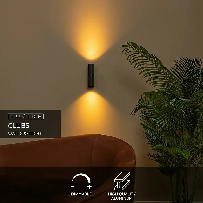 Lucide Clubs Wandleuchte - 50 W, L x B x H: 11,5 x 6,5 x 21,5 cm, Schwarz, Schwarz, GU10 - Wandspot Clubs von Lucide: stilvolle, dimmbare Leuchte aus hochwertigem Aluminium für eine moderne Beleuchtung.