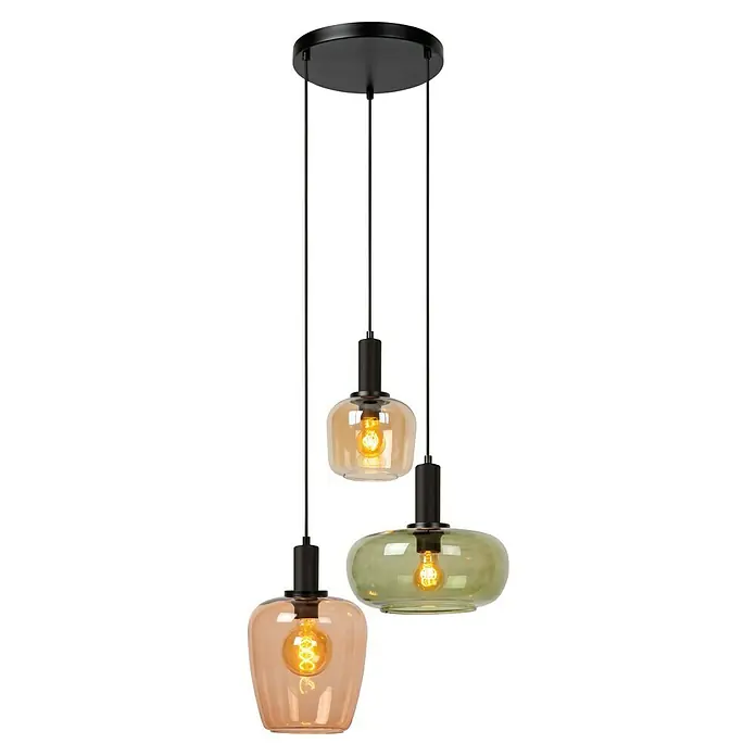 Lucide Ilona Pendelleuchte - L x B x H: 30 x 30 x 174 cm, Amber, E27 - Eine Pendelleuchte mit drei farbigen Glasschirmen und warmweißen Edison-Glühbirnen, die ein gemütliches Ambiente erzeugt.
